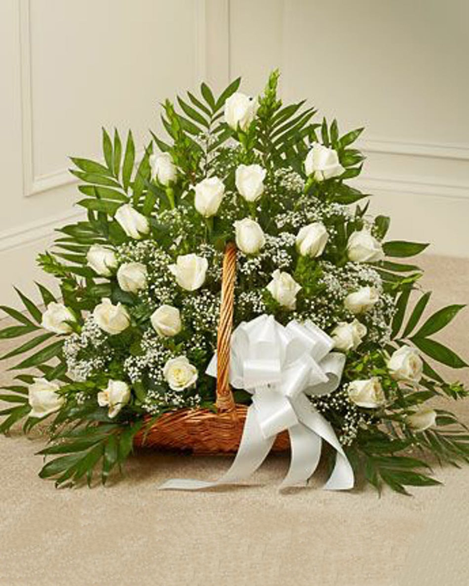 White Rose Fireside Basket Standard-24 Roses Elegant fireside basket featuring twenty-four white roses. This floor basket includes greenery to give a full and beautiful look to this sympathy basket. This arrangement is an elegant way to express your sympathy.
Measures approximately 26”H x 34”L
DELIVERY: Every order is hand-delivered direct to the recipient. These items will be delivered by us locally, or a qualified retail local florist.