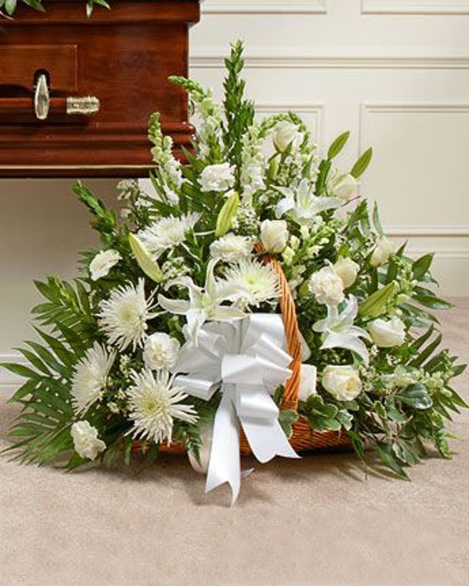 Garden Fireside Sympathy Basket Standard Elegant garden florals in white palate is a perfect way to express your sincere sympathy. *Measures approximately 28”H x 28”L
DELIVERY: Every order is hand-delivered direct to the recipient. These items will be delivered by us locally, or a qualified retail local florist.