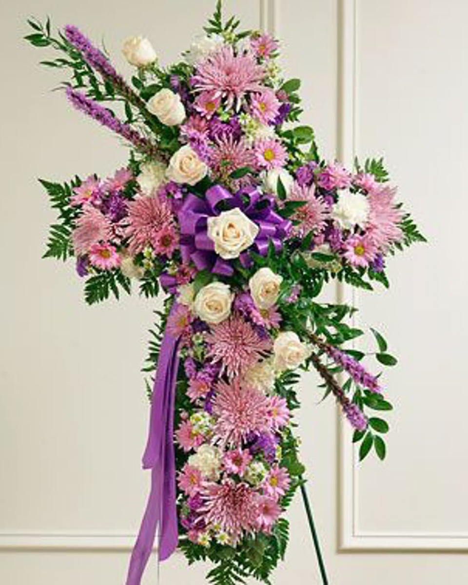 Purple Passion Cross Premium (36 Inch) Lovely lavender flower cross with rose sash. A beautiful way to express your sympathy.*Measures approximately 40