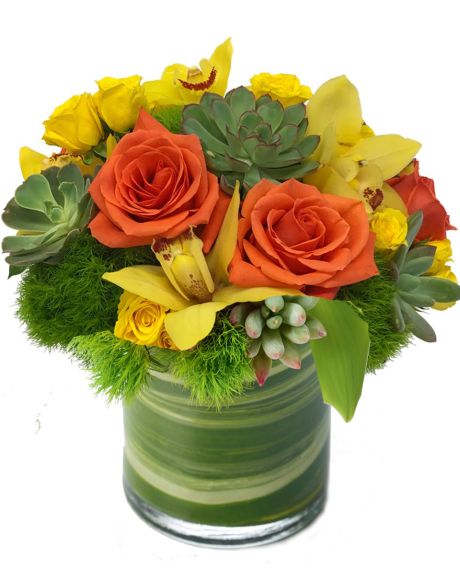 Autumn Winds- orange roses are arranged with exotic cymbidium orchid blooms and mixed with yellow mini roses and long lasting succulent cuts.-Fall Arrangement