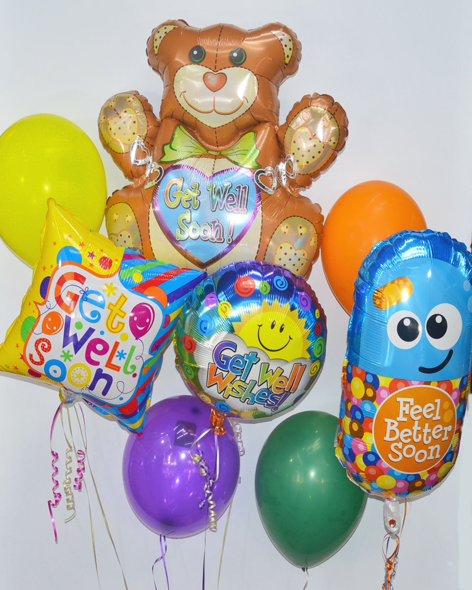 Get Well Balloon Bouquet Deluxe Assorted latex and Get Well Mylars are made into a balloon bouquet.
DELIVERY: Every order is hand-delivered direct to the recipient. These items will be delivered by us locally, or a qualified, retail, local florist.