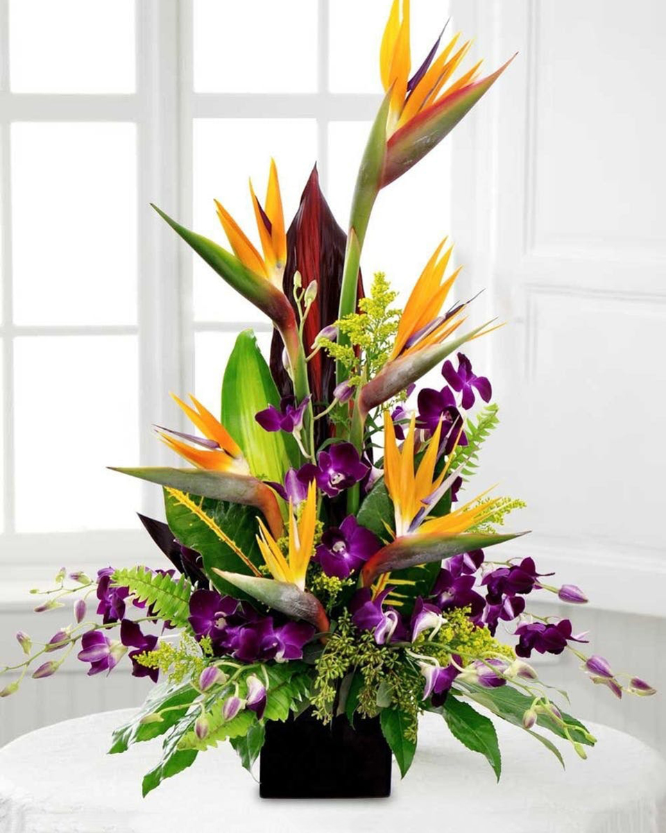 Birds in Paradise Standard Give someone this exotic arrangement of Birds of Paradise with vibrant purple dendrobium orchids and lush greenery. A statement arrangement for home or office.
DELIVERY: Every order is hand-delivered direct to the recipient. These items will be delivered by us locally, or a qualified retail local florist.