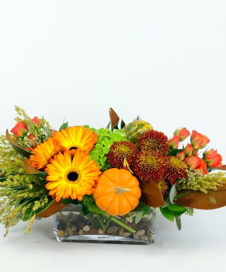 FALL BLESSINGS CENTERPIECE-ASSORTED FALL FLOWERS ARE ARRANGED IN A  RECTANGLE GLASS VASE-THANKSGIVING