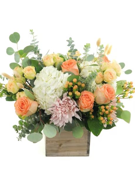 pEACHY kEEN-Cast a little love with this peach, organic style arrangement. Ecuadorian garden roses, spray roses and South American hydrangea are arranged with locally grown organic accents in a wooden cube.