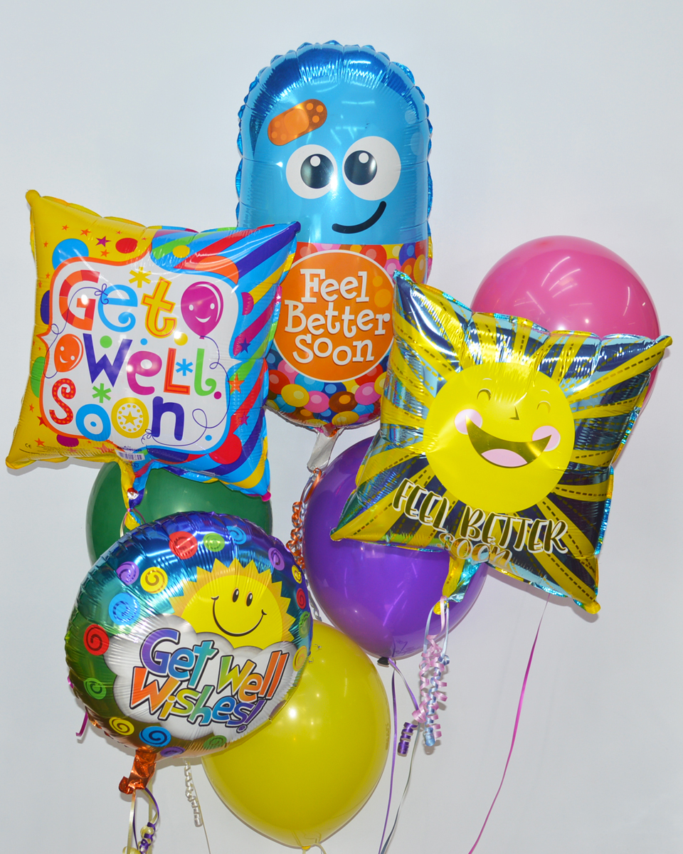 Get Well Balloon Bouquet Standard Assorted latex and Get Well Mylars are made into a balloon bouquet.
DELIVERY: Every order is hand-delivered direct to the recipient. These items will be delivered by us locally, or a qualified, retail, local florist.