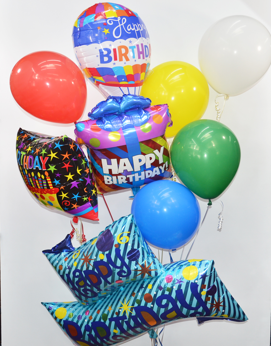 Birthday Balloon Bouquet Deluxe Happy Birthday Mylar Balloons and  different colors of Latex Balloons are arranged in a balloon bouquet and attached to a Festive weight bag. 
DELIVERY: Every order is hand-delivered direct to the recipient. These items will be delivered by us locally, or a qualified, retail, local florist.