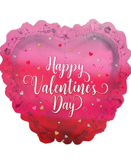 Happy valentines Day Mylar-A 31 inch "Happy Valentines Day" Ombre  Ruffled, Heart Shaped Mylar with Backgroung Heart Decor. -Mylar Balloon