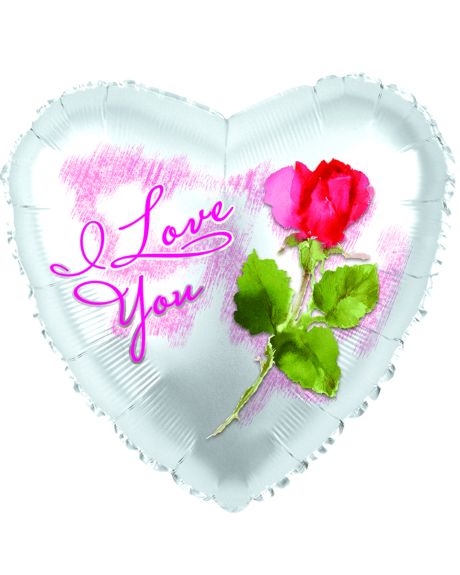 I love you rose Mylar-An 18 inch, White Heart Shaped  "l Love You " Mylar with Rose.- Mylar Balloon

