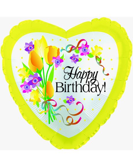 Birthday Floral Mylar-heart shaped, floral deorated birthday Mylar-Happy Birthday Mylar 