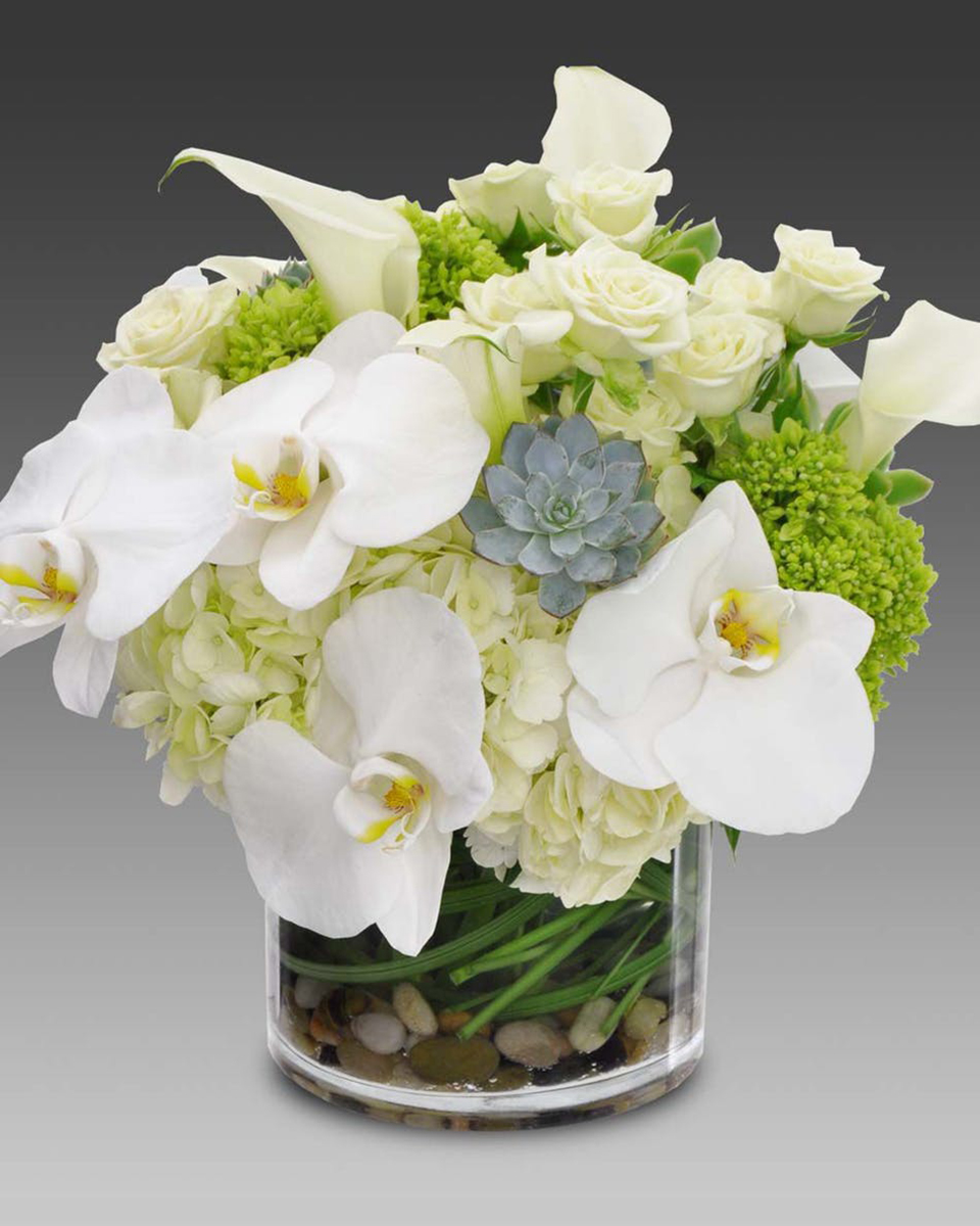 Orchid Luxe Standard ( 5 inch cylinder) Designed by the artisans at AFM, this arrangement includes hydrangeas, succulents, roses, and calla lilies that are accented with lily grass and stones in a clear cylinder glass vase This creation exudes elegance with an underlying simplicity.
DELIVERY: Every order is hand-delivered direct to the recipient. These items will be delivered by us locally, or a qualified retail local florist.