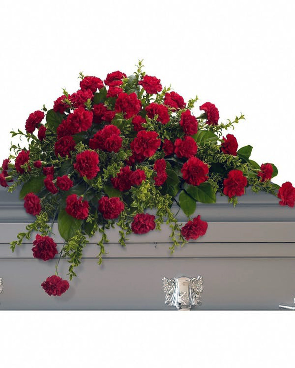 Red Carnation Casket Spray Red Carnation Half Casket Spray-Standard Casket Spray made entirely of Red Carnations.
DELIVERY: Every order is hand-delivered direct to the recipient. These items will be delivered by us locally, or a qualified retail local florist.