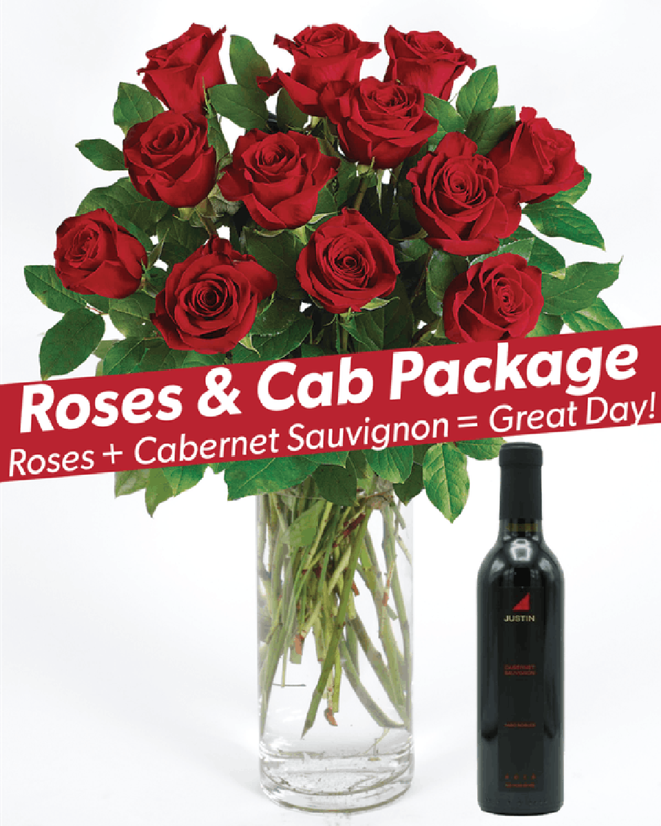 Roses and Cab Package Standard-12 Red Roses Long Stem Ecuadoran Roses are designed and presented in a clear glass vase and accompanied by a bottle of Justin Cabernet.
 Every order is hand-delivered direct to the recipient. These items will be delivered by us locally, or a qualified retail local florist.
