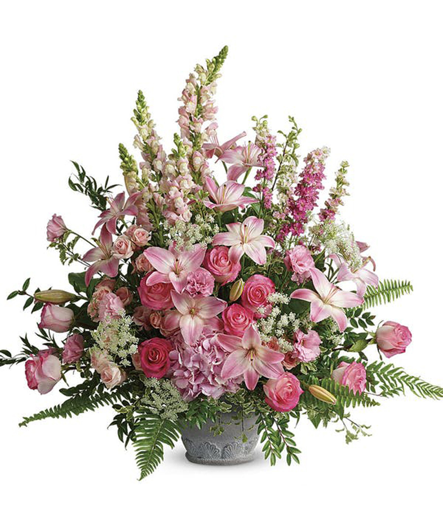 Soft Blush Tribute Standard The soft blush tribute features premium roses, lilies, hydrangea and more.