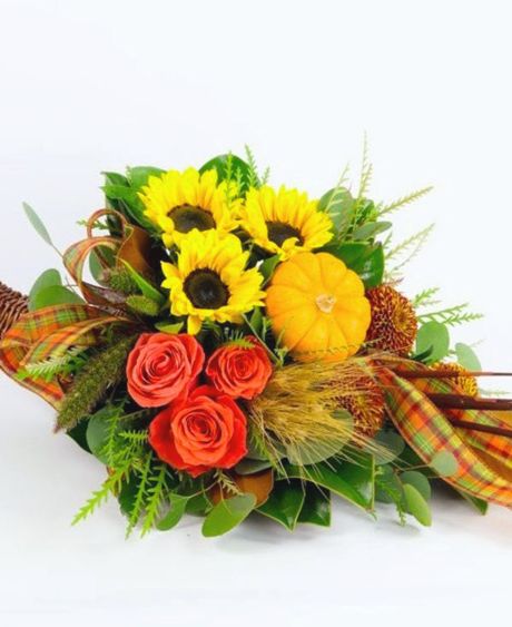 Cali Sunflower Cornacopia-The majestic combination of orange roses, yellow sunflowers, bronze disbuds, a mini pumpkin and lush greens, arranged in a natural cornucopia basket, create a dazzling display of festive beauty perfect for any gift.-Thanksgiving