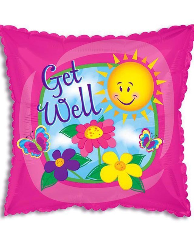 Get Well Mylar Square, circus background adorned, 18 inch 